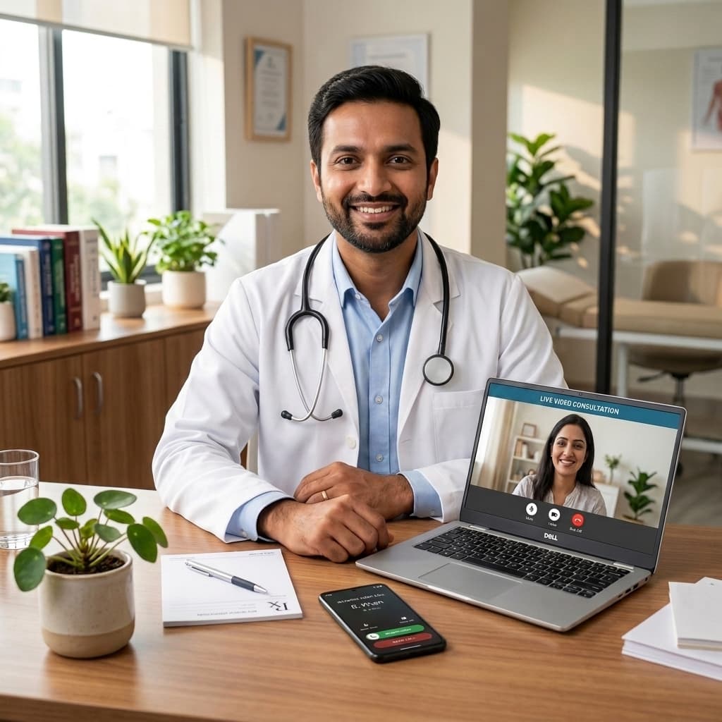 Indian Doctor conducting online video and phone consultation